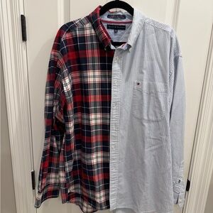 Tommy Hilfiger Men’s Split-Design Shirt - Red/Navy Plaid & Light Blue Stripe